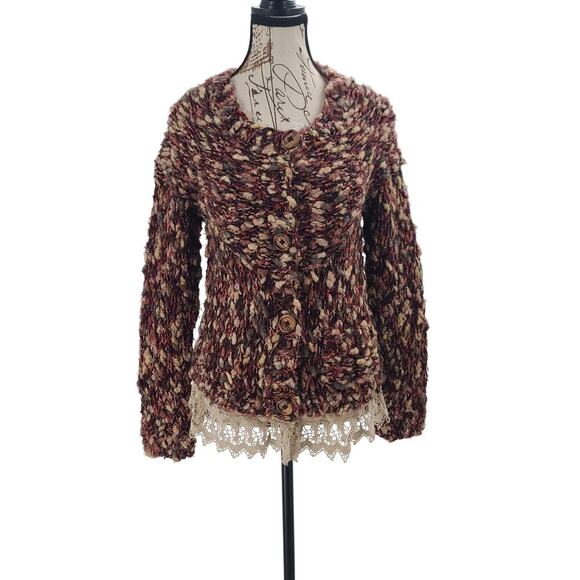 Anthropologie HWR lace trimmed marled Cardigan ladies sweater Size Sm Cozy Wool - Picture 3 of 11